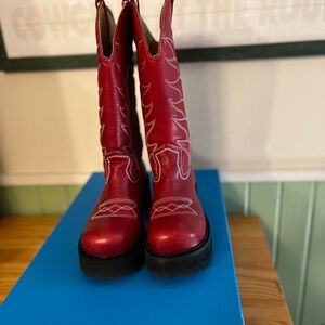 John Fluevog F Sole Hi Cowboy Boot Women’s 8.5 in Red Roma Leather EUC RARE